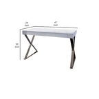 Rix 47 Inch Office Desk, White Wood Top, 2 Drawers, X Polished Steel Legs