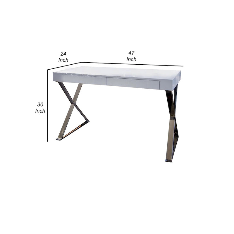 Rix 47 Inch Office Desk, White Wood Top, 2 Drawers, X Polished Steel Legs