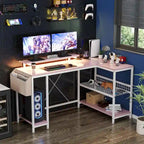 Modern L Shaped Computer Desk with Power Outlets & LED Light