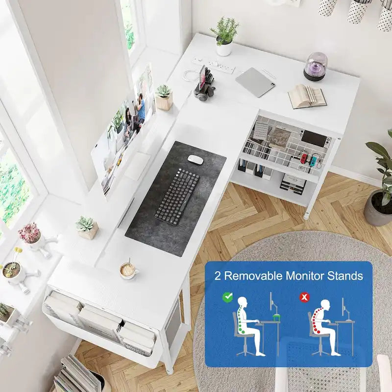 Modern L Shaped Computer Desk with Power Outlets & LED Light