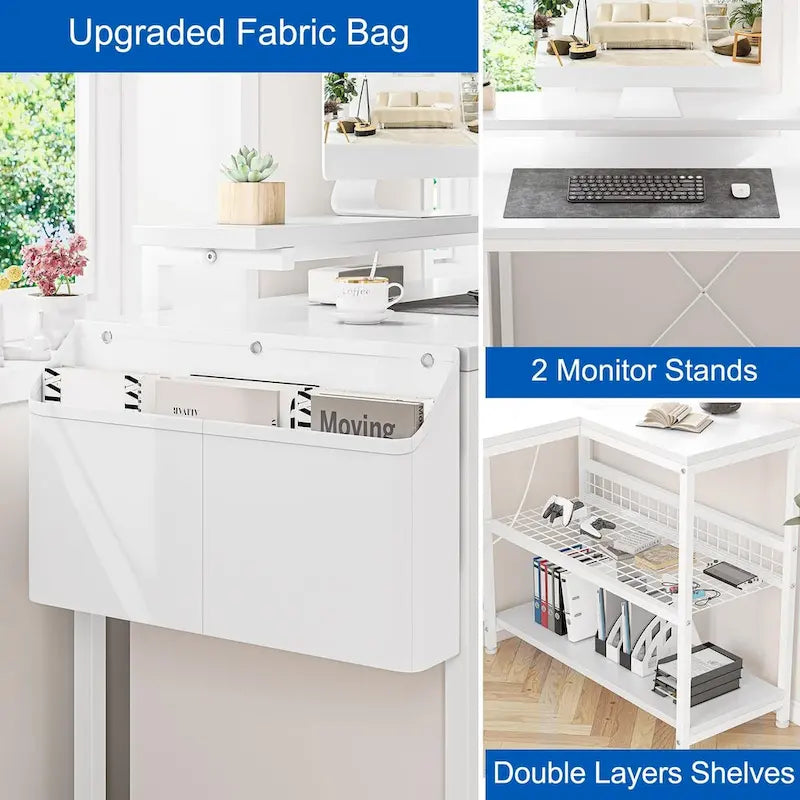 Modern L Shaped Computer Desk with Power Outlets & LED Light