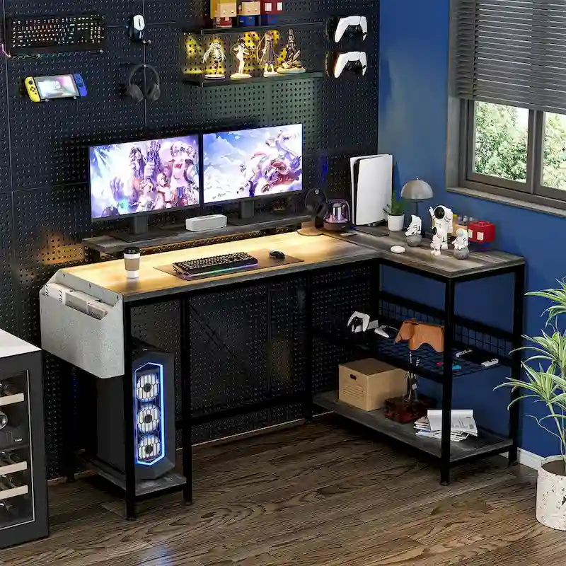 Modern L Shaped Computer Desk with Power Outlets & LED Light