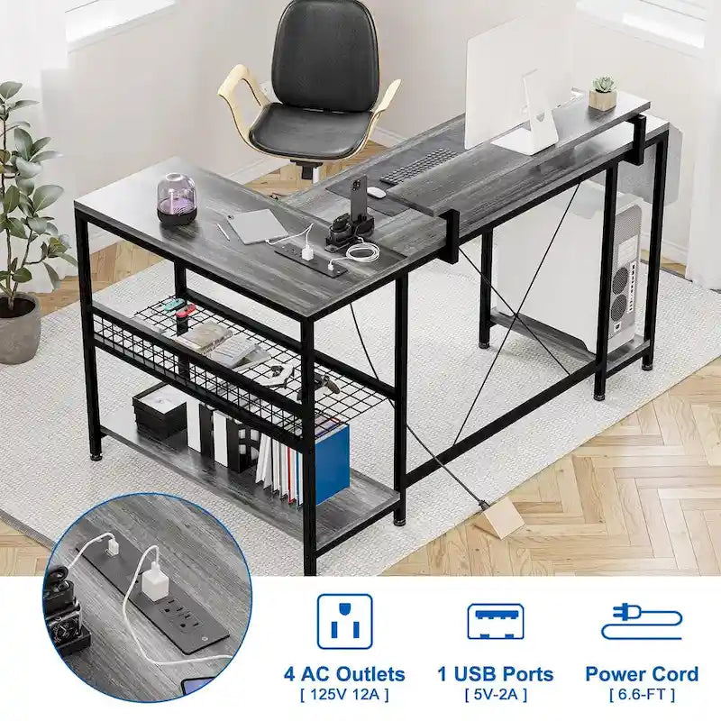 Modern L Shaped Computer Desk with Power Outlets & LED Light