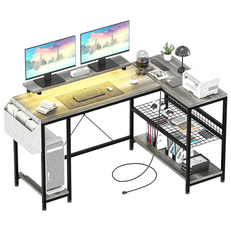 Modern L Shaped Computer Desk with Power Outlets & LED Light