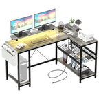 Modern L Shaped Computer Desk with Power Outlets & LED Light