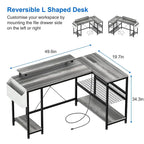 Modern L Shaped Computer Desk with Power Outlets & LED Light
