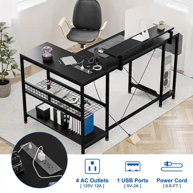 Modern L Shaped Computer Desk with Power Outlets & LED Light