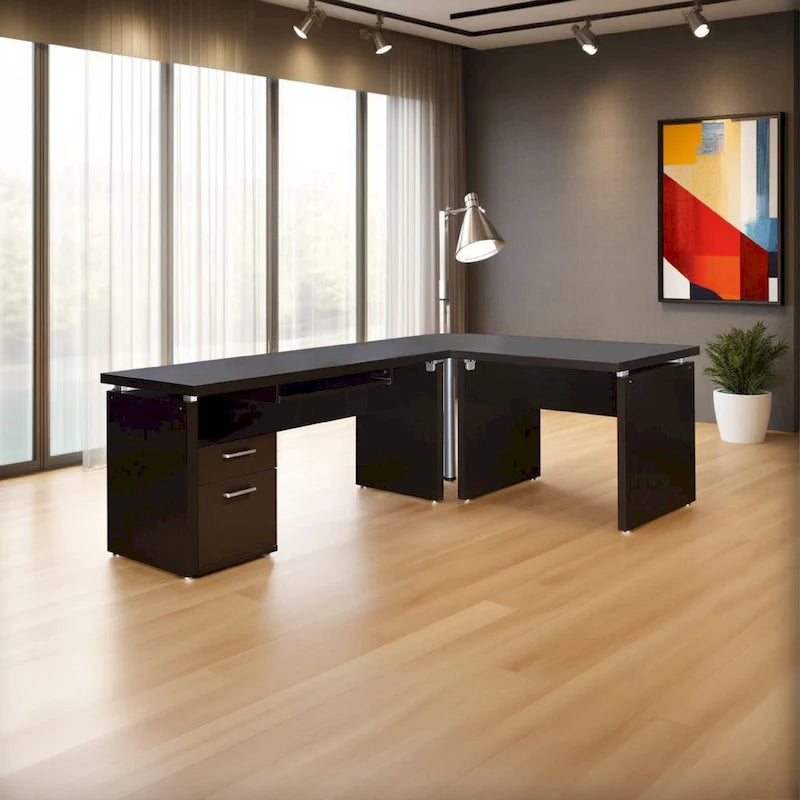 Niti 83 Inch Computer Office Desk, L Shape, Slide Out Keyboard Tray, Brown