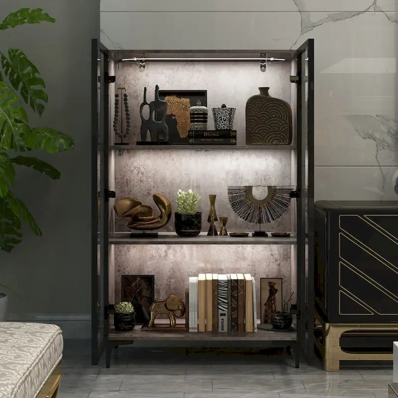 Display Storage Cabinet Showcase with Glass Doors and LED Light