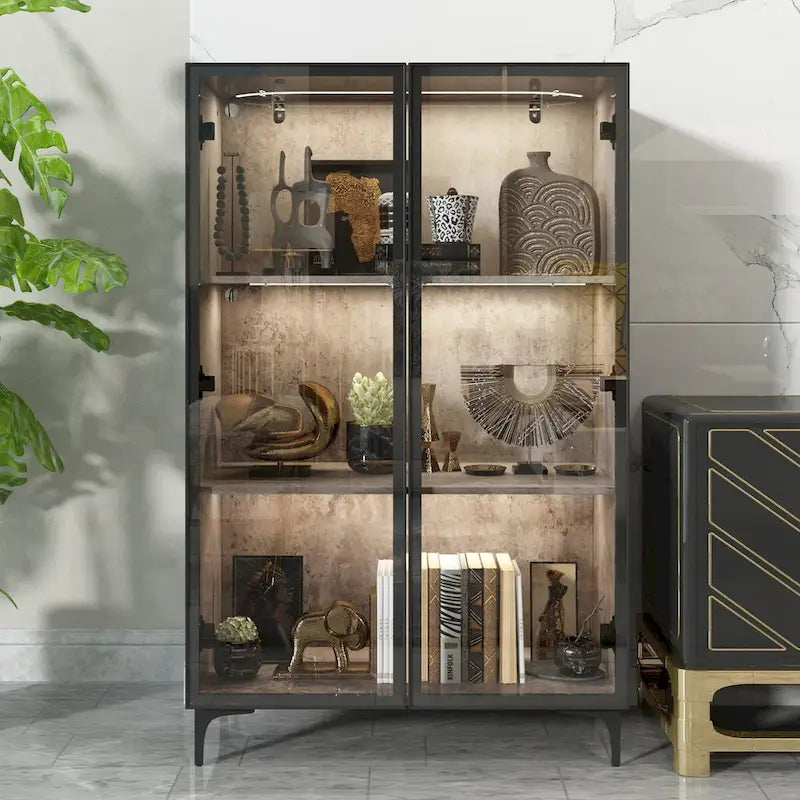 Display Storage Cabinet Showcase with Glass Doors and LED Light
