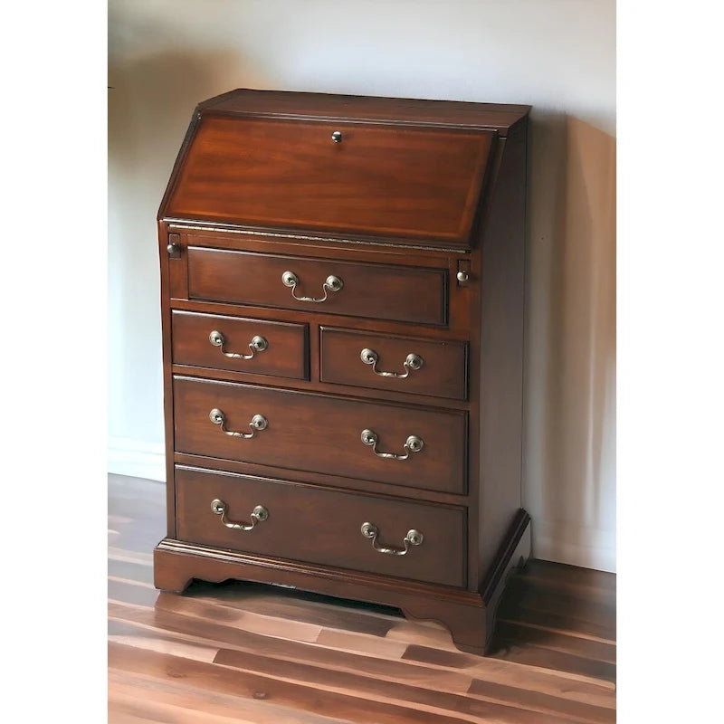 26  Brown Rubberwood Wood Secretary Desk With Five Drawers