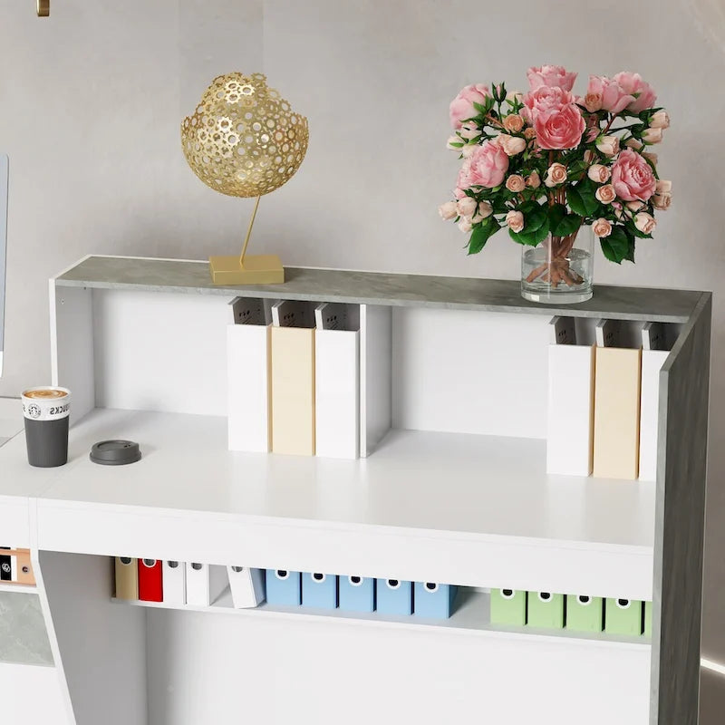 Reception Desk in White with Computer Surface and 4 Shelves