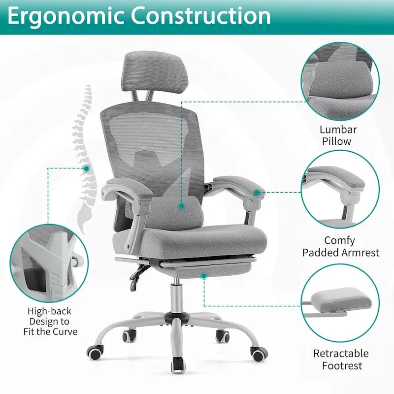 Home Office Desk Chair with Footrest, High-Back Mesh Rolling Swivel Reclining Chairs, Comfortable Headrest, Lumbar Support