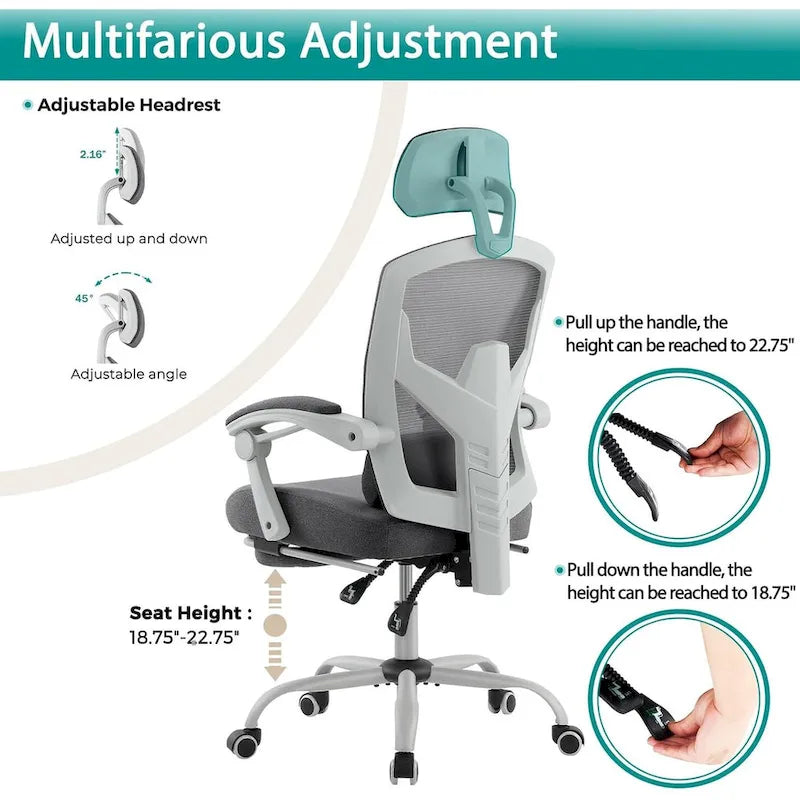 Home Office Desk Chair with Footrest, High-Back Mesh Rolling Swivel Reclining Chairs, Comfortable Headrest, Lumbar Support