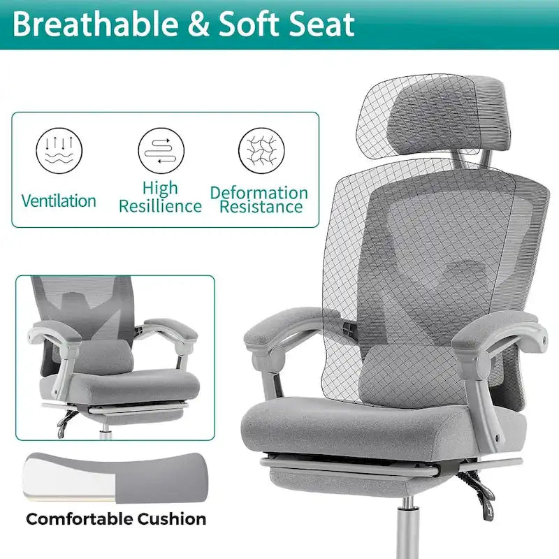 Home Office Desk Chair with Footrest, High-Back Mesh Rolling Swivel Reclining Chairs, Comfortable Headrest, Lumbar Support