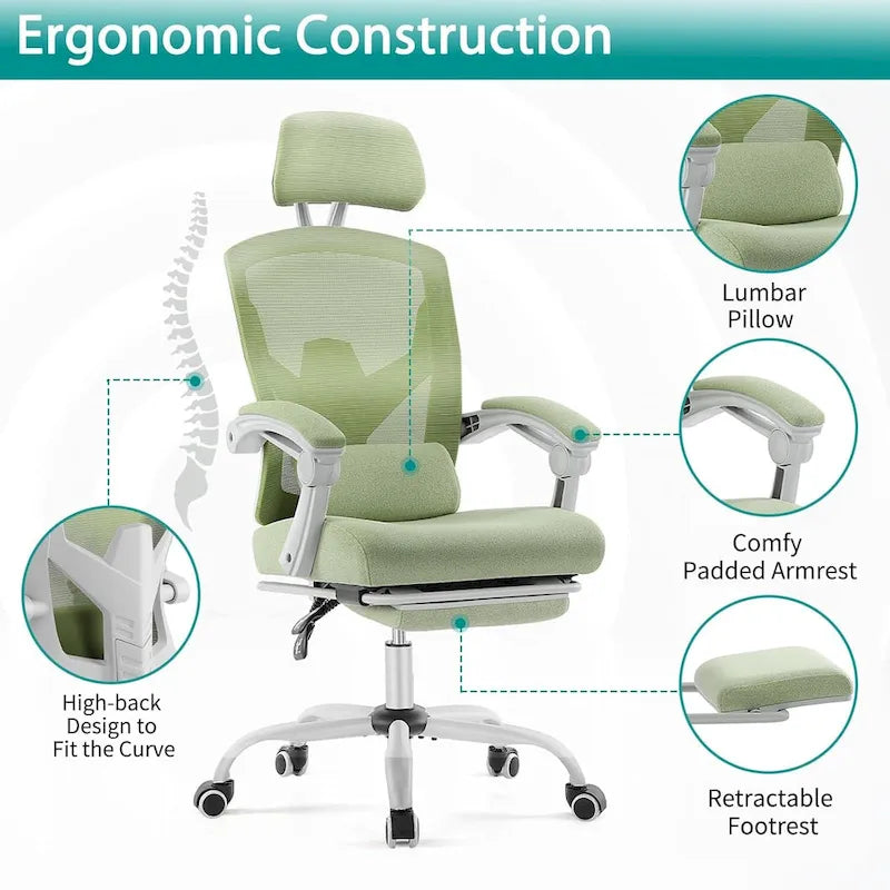 Home Office Desk Chair with Footrest, High-Back Mesh Rolling Swivel Reclining Chairs, Comfortable Headrest, Lumbar Support