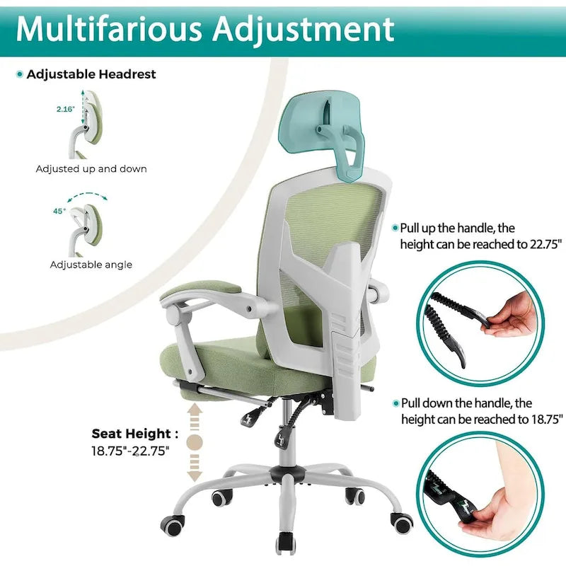 Home Office Desk Chair with Footrest, High-Back Mesh Rolling Swivel Reclining Chairs, Comfortable Headrest, Lumbar Support