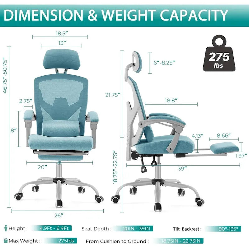 Home Office Desk Chair with Footrest, High-Back Mesh Rolling Swivel Reclining Chairs, Comfortable Headrest, Lumbar Support