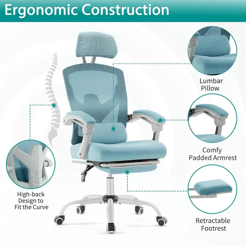 Home Office Desk Chair with Footrest, High-Back Mesh Rolling Swivel Reclining Chairs, Comfortable Headrest, Lumbar Support