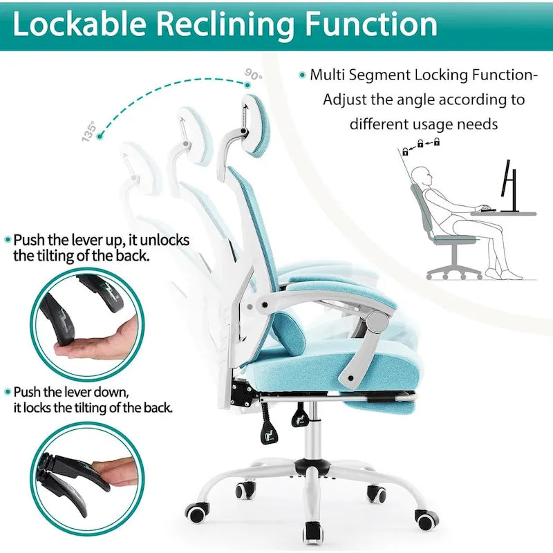 Home Office Desk Chair with Footrest, High-Back Mesh Rolling Swivel Reclining Chairs, Comfortable Headrest, Lumbar Support