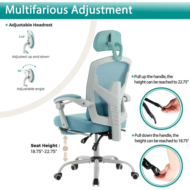 Home Office Desk Chair with Footrest, High-Back Mesh Rolling Swivel Reclining Chairs, Comfortable Headrest, Lumbar Support