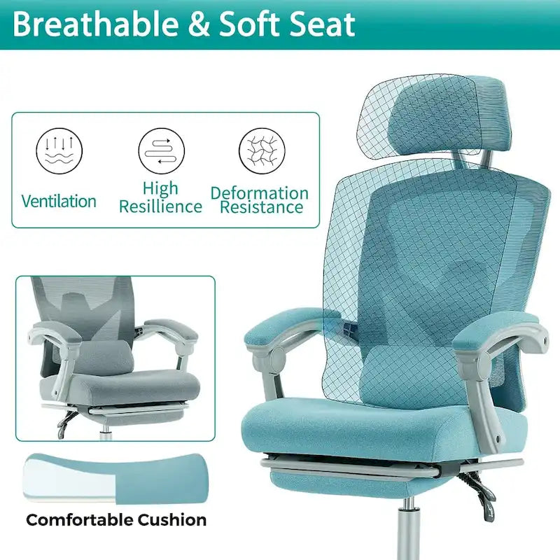 Home Office Desk Chair with Footrest, High-Back Mesh Rolling Swivel Reclining Chairs, Comfortable Headrest, Lumbar Support