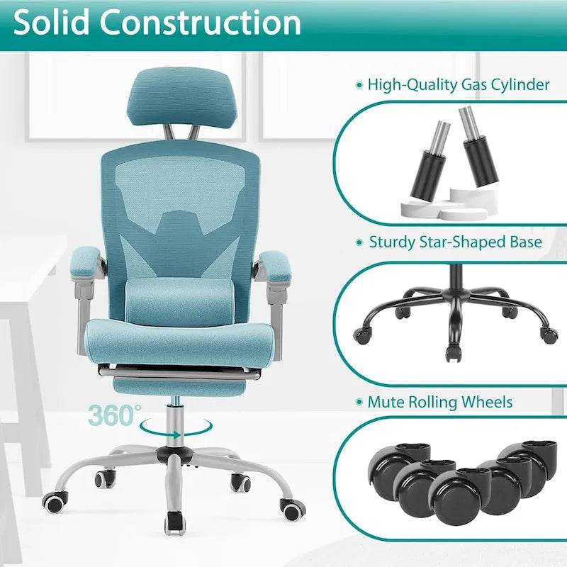 Home Office Desk Chair with Footrest, High-Back Mesh Rolling Swivel Reclining Chairs, Comfortable Headrest, Lumbar Support