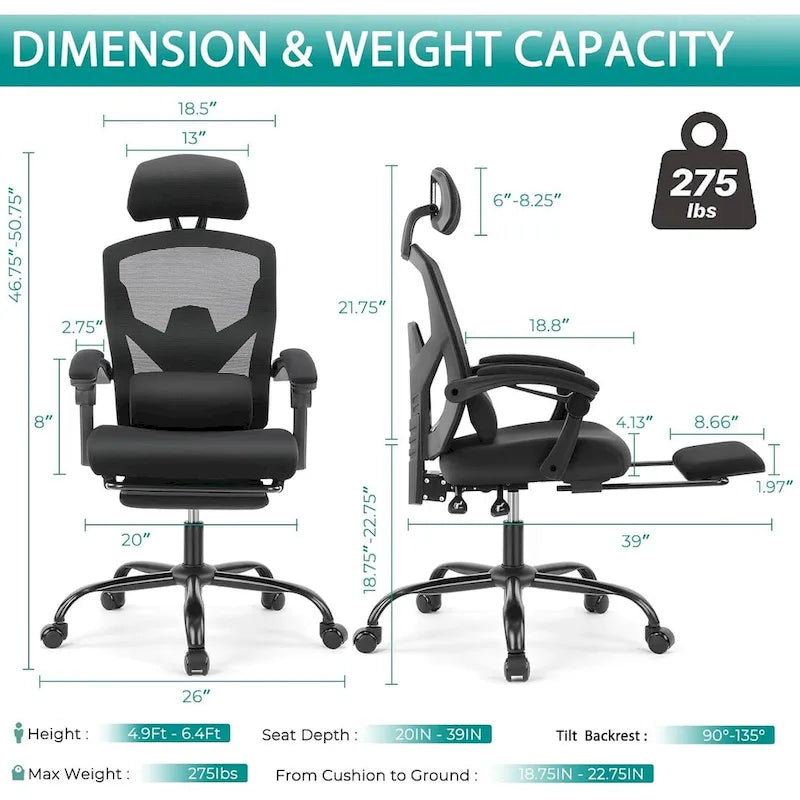 Home Office Desk Chair with Footrest, High-Back Mesh Rolling Swivel Reclining Chairs, Comfortable Headrest, Lumbar Support