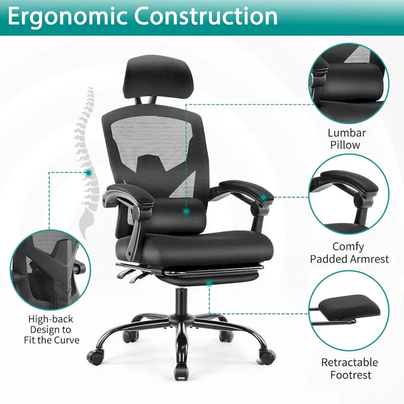 Home Office Desk Chair with Footrest, High-Back Mesh Rolling Swivel Reclining Chairs, Comfortable Headrest, Lumbar Support