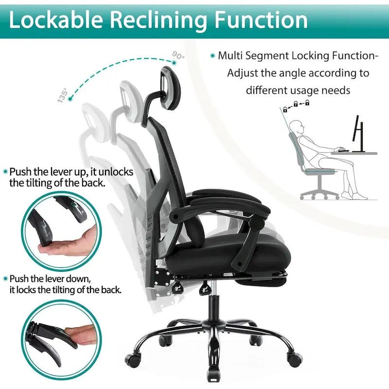 Home Office Desk Chair with Footrest, High-Back Mesh Rolling Swivel Reclining Chairs, Comfortable Headrest, Lumbar Support