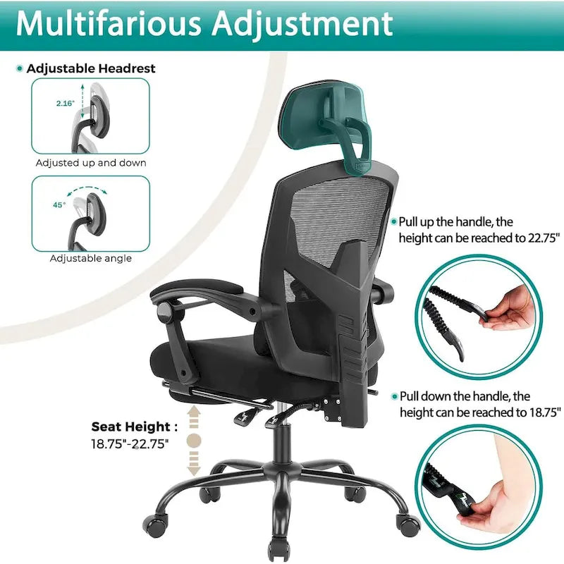 Home Office Desk Chair with Footrest, High-Back Mesh Rolling Swivel Reclining Chairs, Comfortable Headrest, Lumbar Support