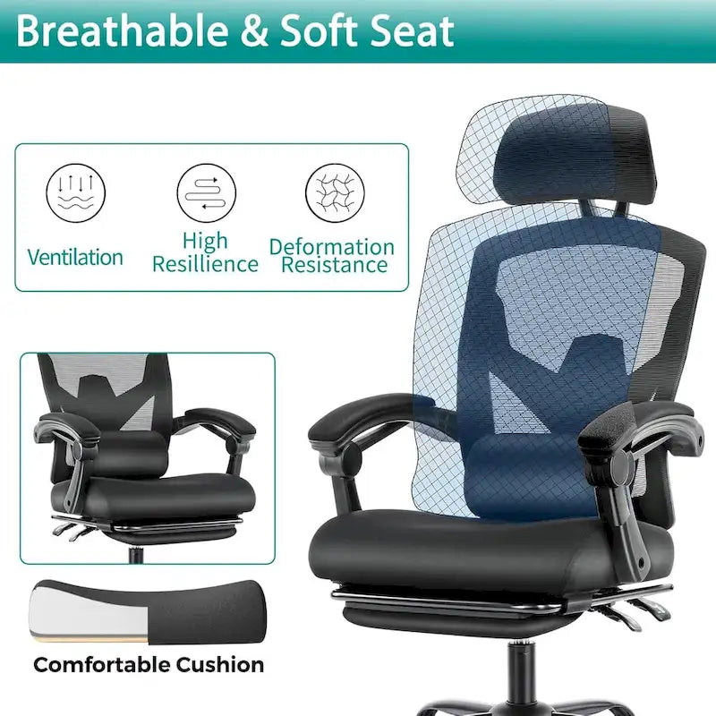 Home Office Desk Chair with Footrest, High-Back Mesh Rolling Swivel Reclining Chairs, Comfortable Headrest, Lumbar Support