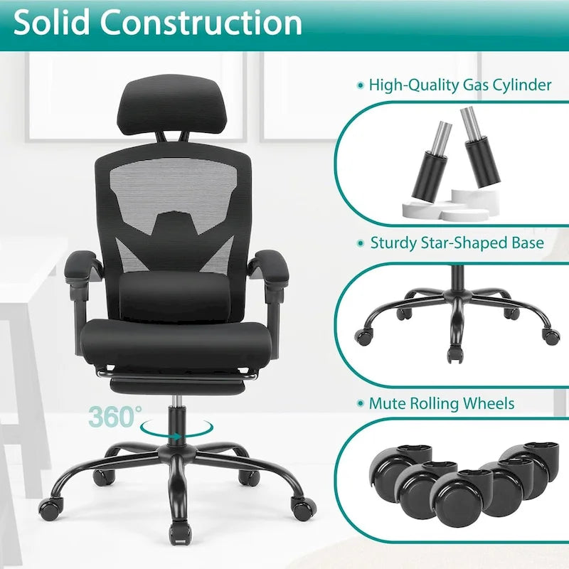 Home Office Desk Chair with Footrest, High-Back Mesh Rolling Swivel Reclining Chairs, Comfortable Headrest, Lumbar Support