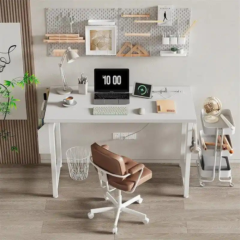 39 inch White Computer Desk with Power Outlet