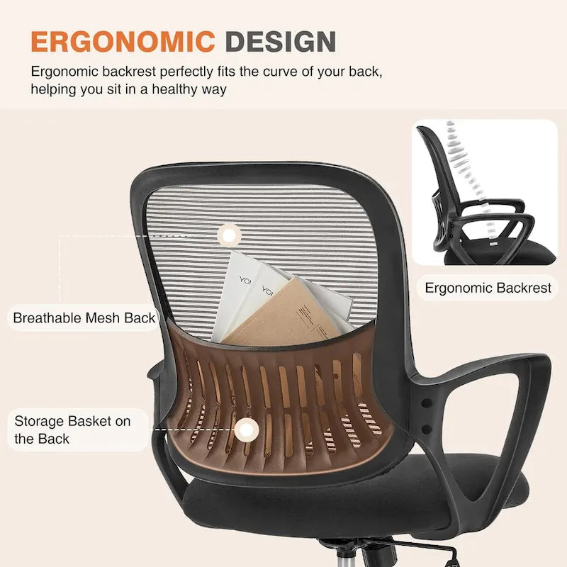 Ergonomic Office Chair Home Desk Mesh Chair with Fixed Armrest
