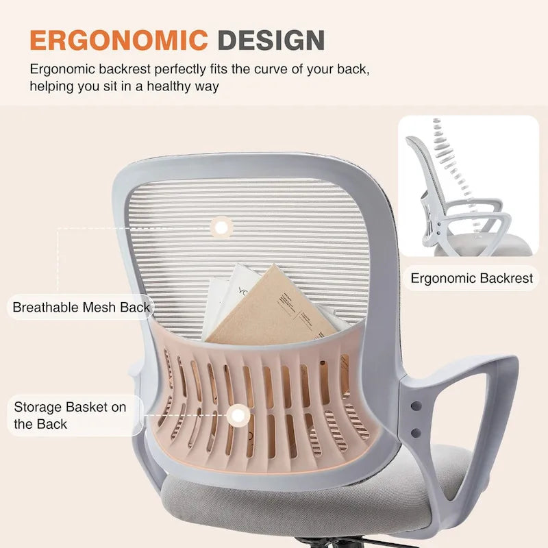 Ergonomic Office Chair Home Desk Mesh Chair with Fixed Armrest