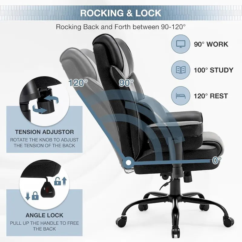 Rocking Desk Chair Ergonomic Executive Office Chair with Adjustable Padded Armrest and Massage Lumbar Support
