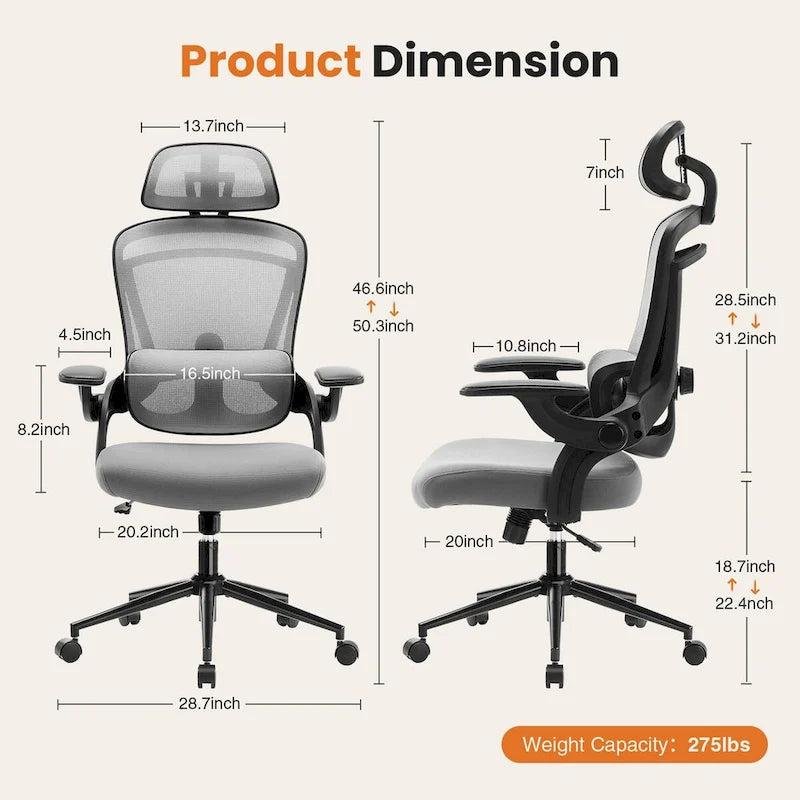 High Back Desk Chair with Adjustable Lumbar Support & Headrest