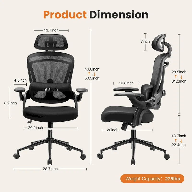 High Back Desk Chair with Adjustable Lumbar Support & Headrest
