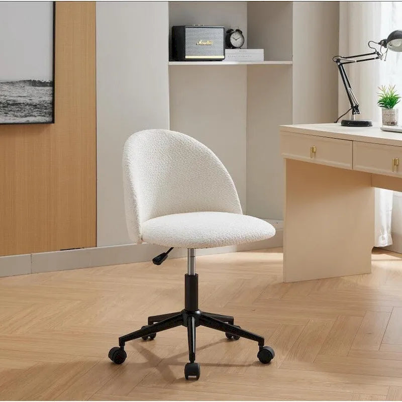 Boucle Office Chair Desk Chair, Mid-Back Adjustable Swivel Computer Chair with Black Legs, Upholstered Desk Chair with Wheels